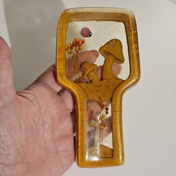 Vtg 1970s Lucite Acrylic Spoon Rest Mushroom & Ladybug With Dried Flowers FLAW - Picture 10 of 11